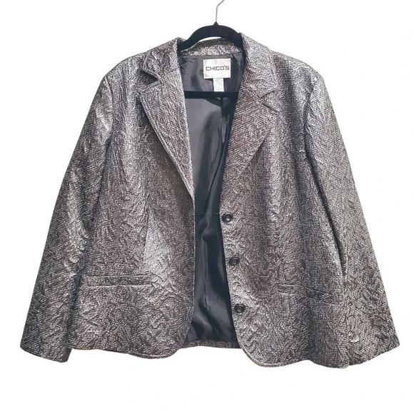 Chico's Y2K Vintage Dark Silver Gray Metallic Jacquard Textured Jacket Blazer 3 - Picture 2 of 12